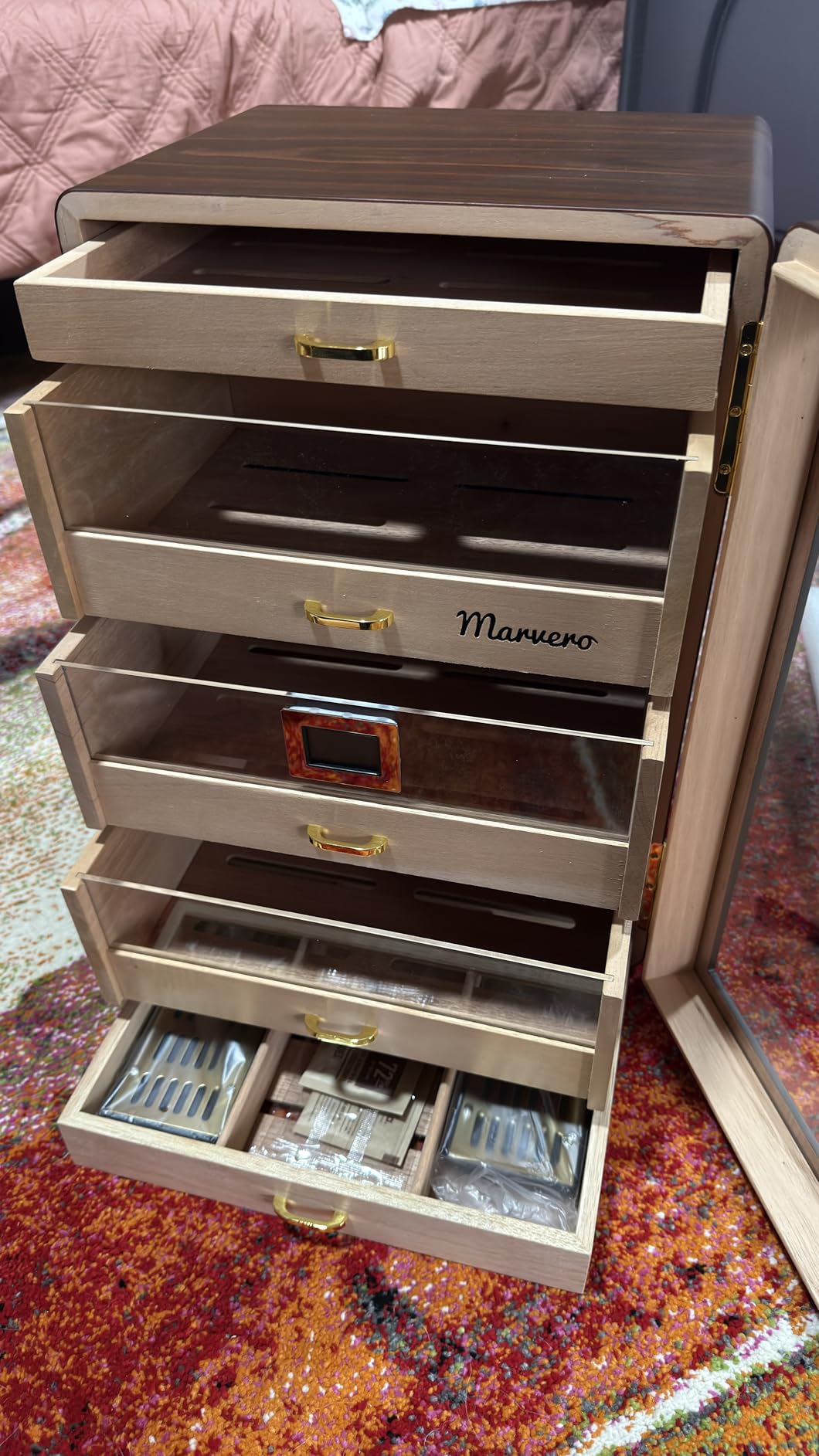 Cigar Humidors, Cedar Wood Humidor with Digital Hygrometer, Drawers, Humidifiers and Gold-Plated Hardwares. Cigar humidor Cabinet for Men Husband Father, 300 Cigars Capacity Walnut Color customer photo 2