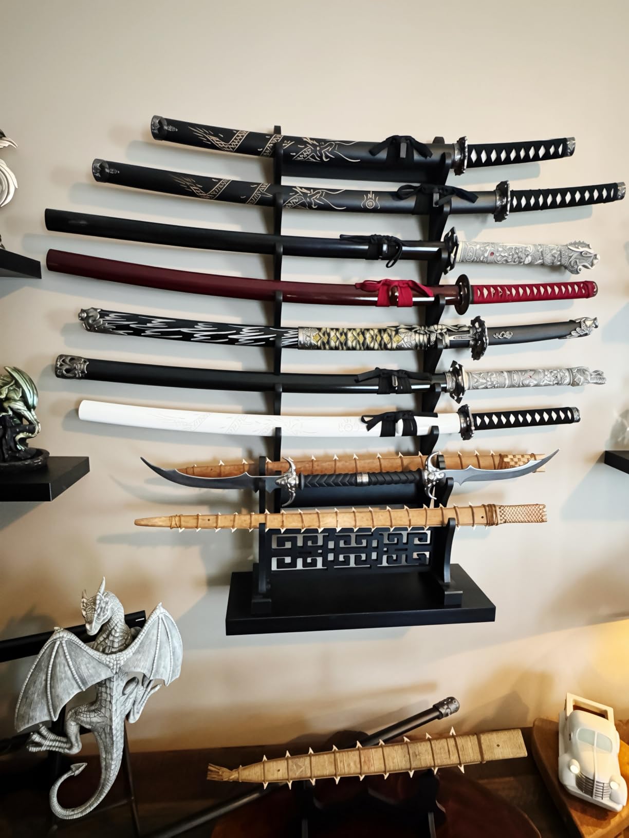 Sword Rack Wall Mount Holder, 8 Tier Wooden Sword Stand Display Hanger for Katana, Wakizashi, Flute Fishing Rod Storage (8-Tier) customer photo 1