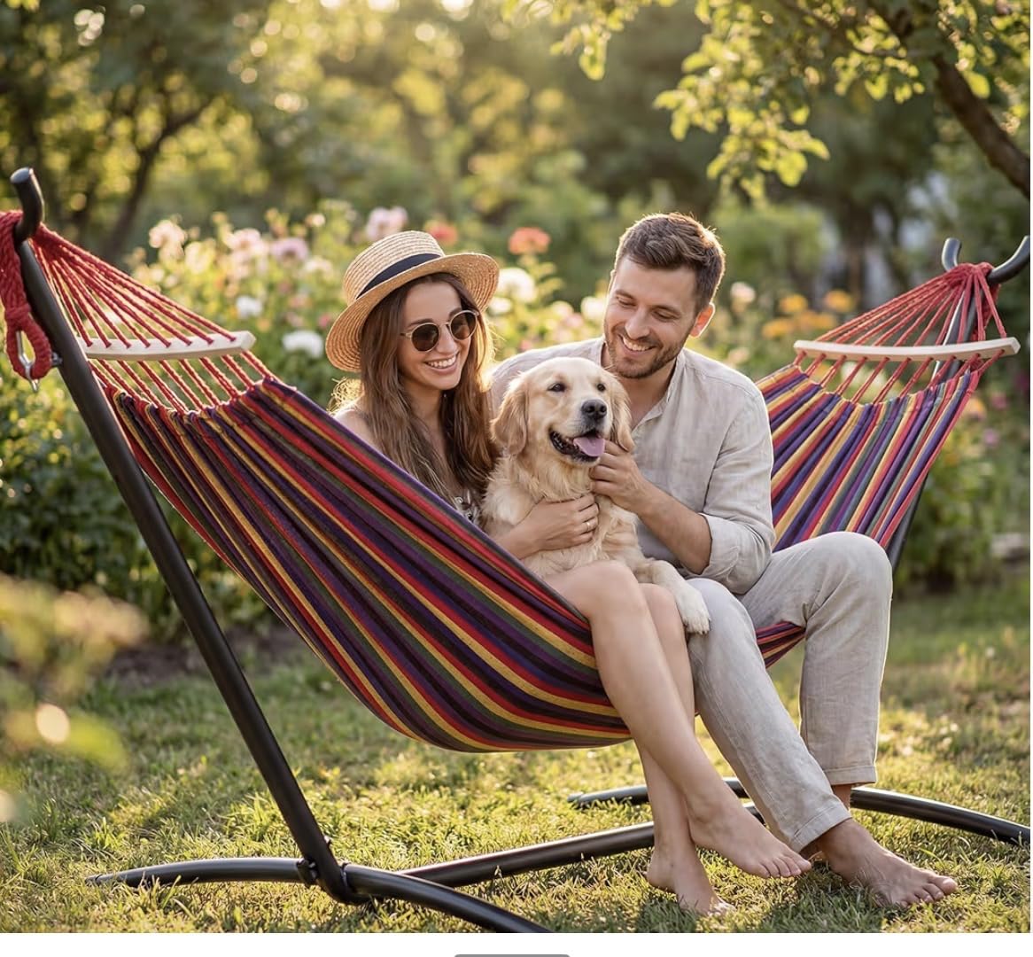 Everyfun Double Hammock with Space-Saving Steel Stand, 2 Person Heavy-Duty Hammock for Garden, Yard or Outdoor, 600lbs Capacity, Coffee customer photo 2