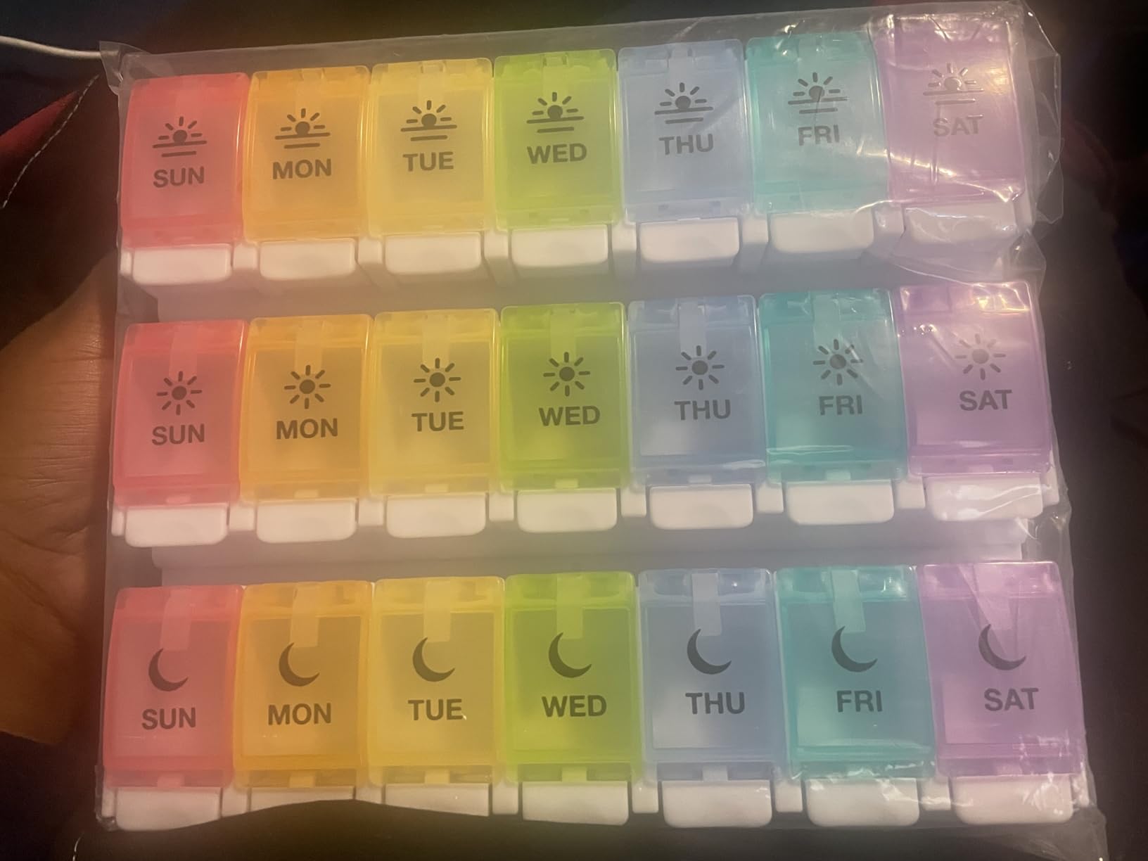 EZY DOSE Weekly (7-Day) Pill Case, Daily Medicine Planner, Vitamin Organizer Container, Large Push Button Compartments, Easy to Use, 3 Times a Day, Spring Open Design, Rainbow Lids, BPA Free customer photo 1