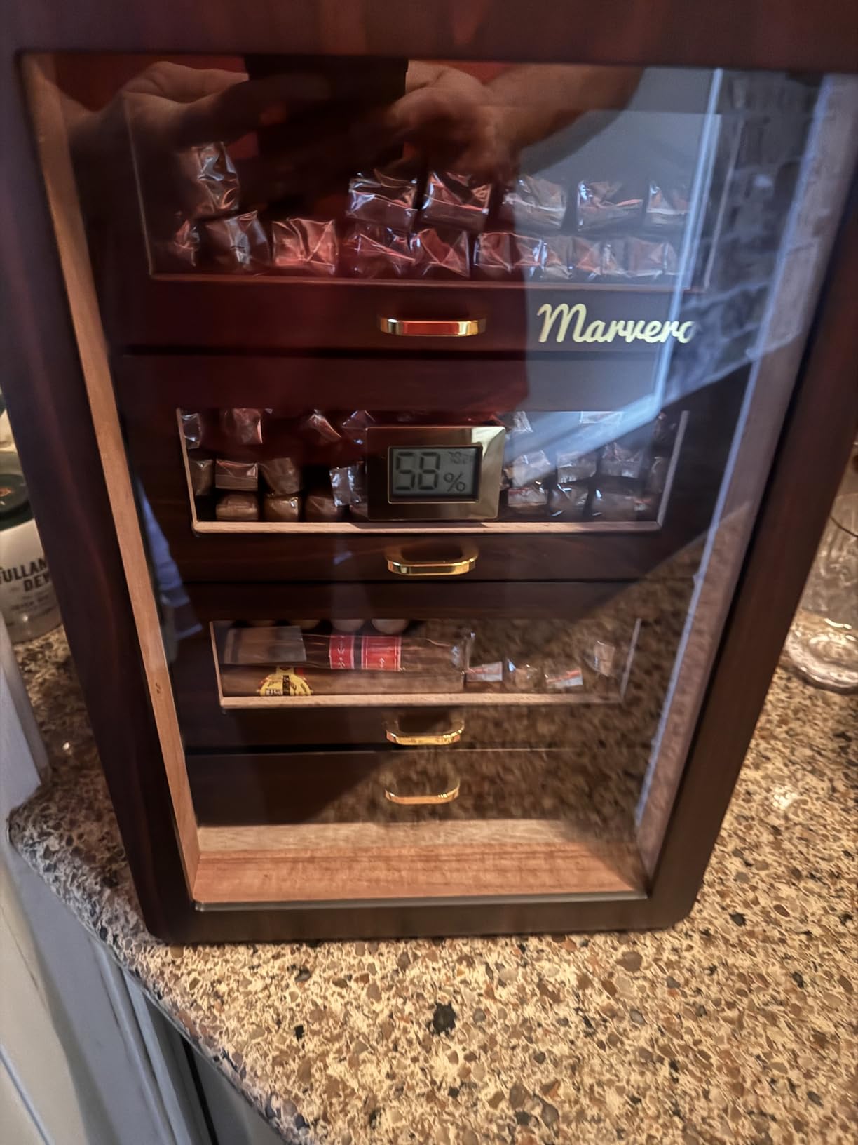 Desktop Cigar Humidor Cabinet Triple-Sided Light with Digital Hygrometer, Humidifier and Humidity Packs. 4 Cedar Wood Drawers, Cigar Humidor Box can Hold 200 Cigars. Present for Men customer photo 2