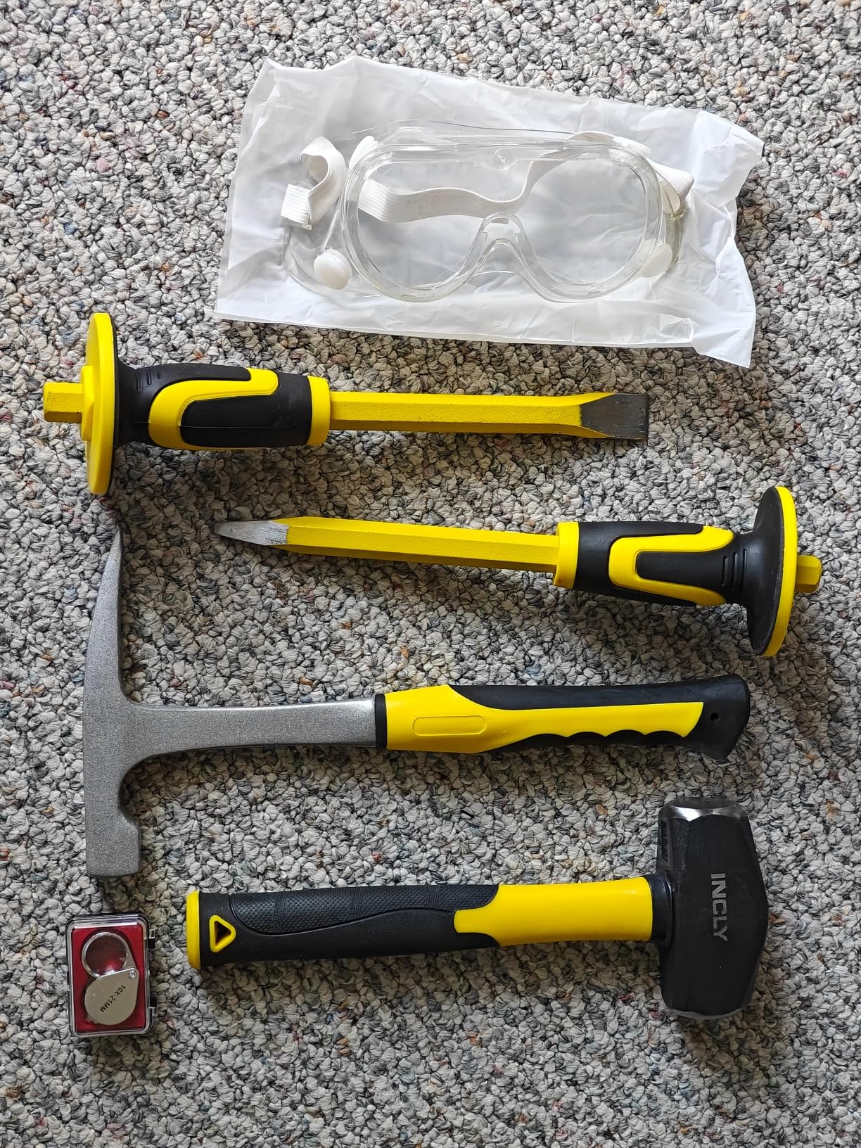 INCLY 7 Pcs Geology Rock Pick Equipment Kit, 3lb Sledge & 32 oz Rock Hammer with 2PCS 12