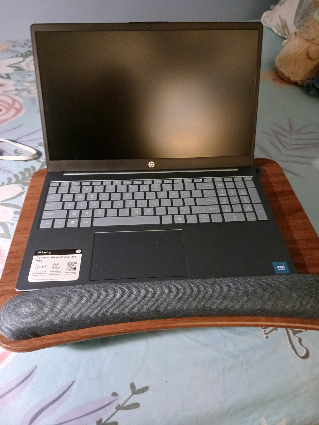 LAPGEAR Portable Laptop Lap Desk with Pillow Cushion, Anti-Slip Strip, Tablet or Phone Storage Slot, Pen and Pencil Pocket, and Wrist Rest - Espresso Woodgrain - Fits 15.6