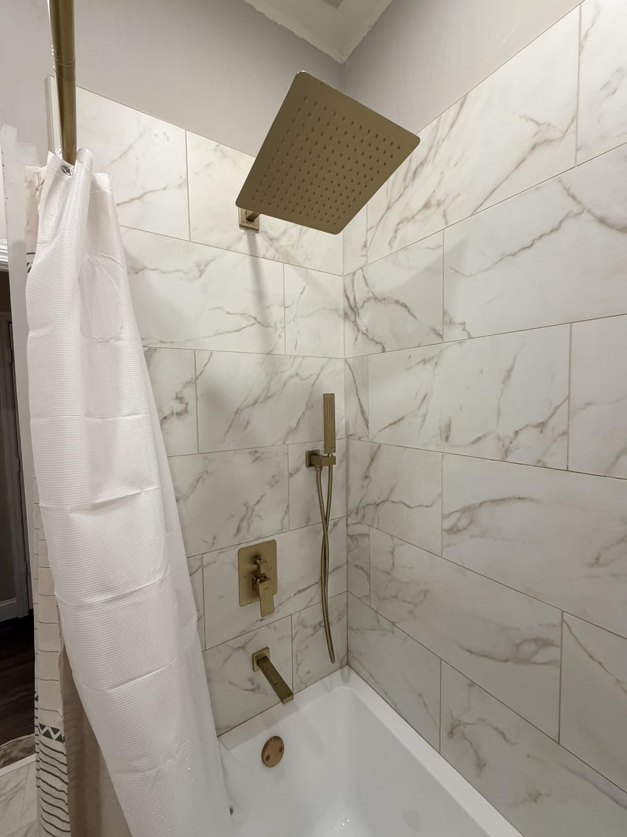 Iriber Thermostatic Shower System with Adjustable Water Flow Push Button Diverter, Square Dual Shower Heads Faucet Set with Handheld Spray, Brushed Nickel Shower Mixer Valve Trim Kit (Valve Included) customer photo 1