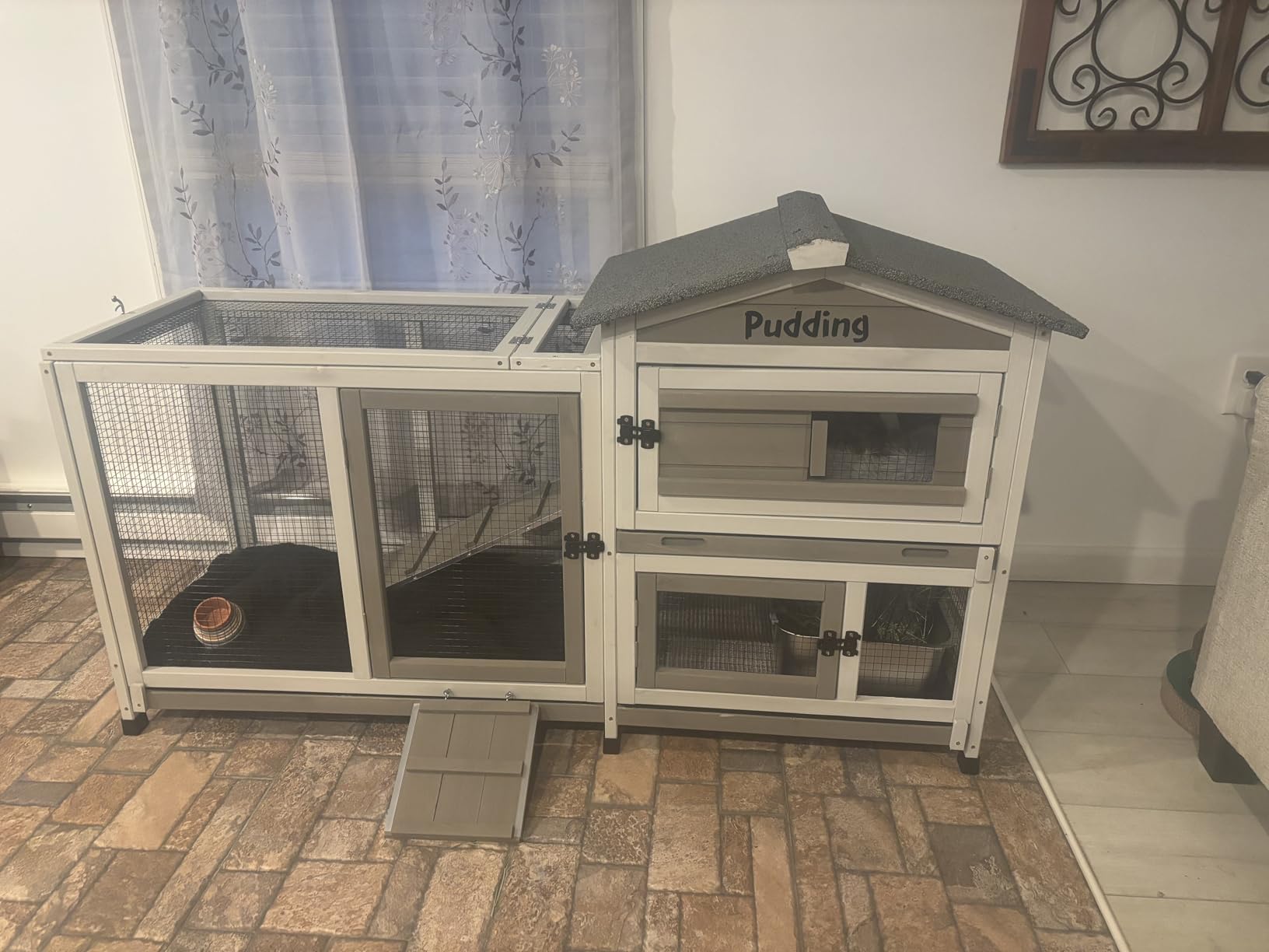PetsCosset Double Rabbit Hutch Outdoor Indoor Large Bunny Cage with Dual Side Runs, 2-Story Wooden Hutch with 4 Leak Proof Trays, 8 Wheels, Waterproof Roof, Ramp, for Small to Medium Animals customer photo 1