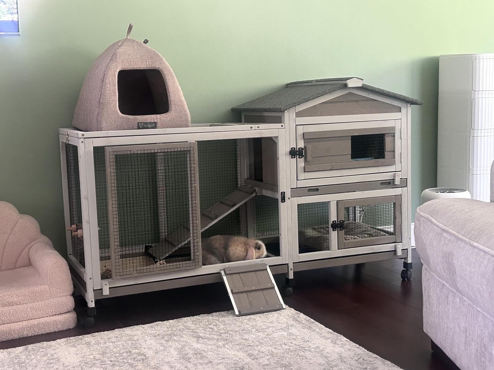 PetsCosset Double Rabbit Hutch Outdoor Indoor Large Bunny Cage with Dual Side Runs, 2-Story Wooden Hutch with 4 Leak Proof Trays, 8 Wheels, Waterproof Roof, Ramp, for Small to Medium Animals customer photo 2
