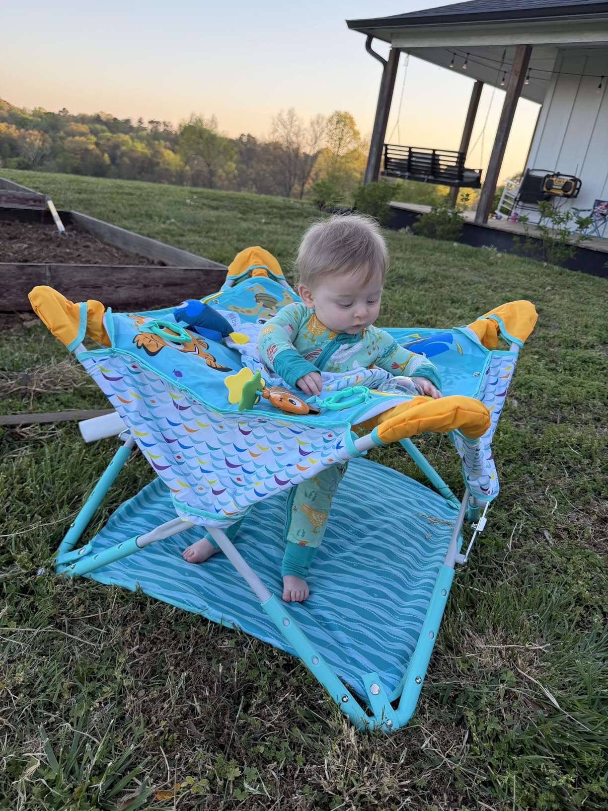 Bright Starts Pop 'N Jump Portable Baby Activity Center, Indoor Outdoor Use, Lightweight, Carrying Bag, Canopy, 6-12 Months - Sky Stripes Blue customer photo 1