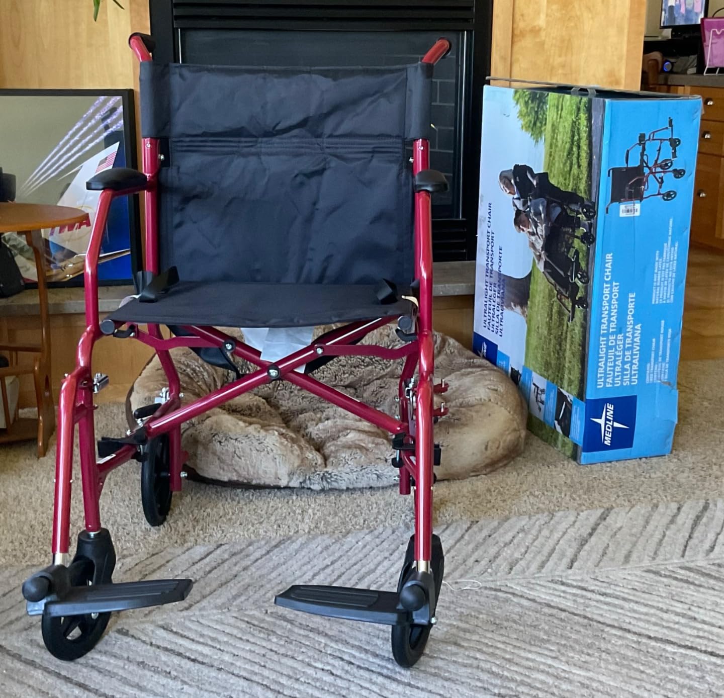 Medline Ultra Lightweight Transport Wheelchair for Adults, Foldable, 19-Inch Seat Width, Blue Frame, Black Upholstery customer photo 1