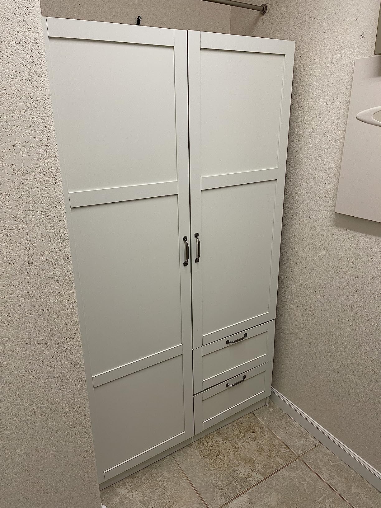 Sauder Select Multipurpose Bedroom Armoire Wardrobe Closet Pantry Storage Cabinet with Storage Drawers and Hanging Rail, in Soft White finish customer photo 2