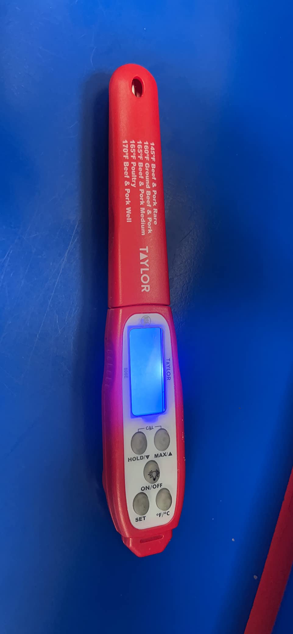 Taylor Digital Instant Read Meat Thermometer for GLP-1 High Protein Meal Prep - Waterproof Kitchen Probe for Chicken, Steak, Lean Cuts, Grill, BBQ - Fast Temperature Check, Blue Backlight Display, Red customer photo 1