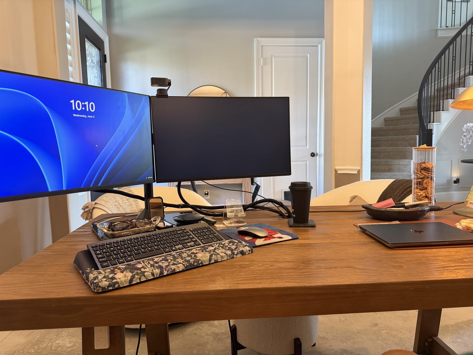 VIVO Freestanding Dual Monitor Stand with Sleek Glass Base and Adjustable Arms, Mounts 2 Screens up to 32 inch and 22 lbs Each, Black, STAND-V002FG customer photo 1