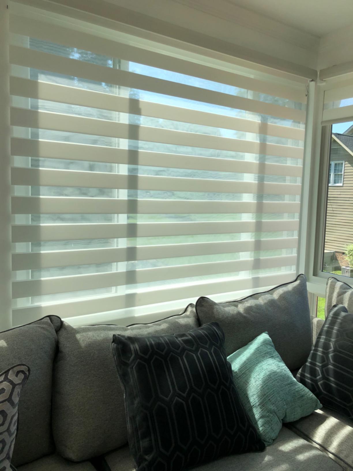 Yoolax Motorized Zebra Blinds Works with Alexa, Motorized Blinds with Remote Custom Size, Privacy Electric Zebra Shades for Windows (90% Shading Greyish White) customer photo 2