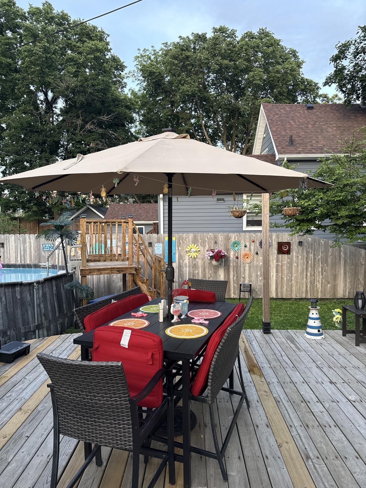 Blissun 9 ft Solar Umbrella 32 LED Lighted Patio Umbrella Table Market Umbrella with Tilt and Crank Outdoor Umbrella for Garden, Deck, Backyard, Pool and Beach (Cerulean) customer photo 1