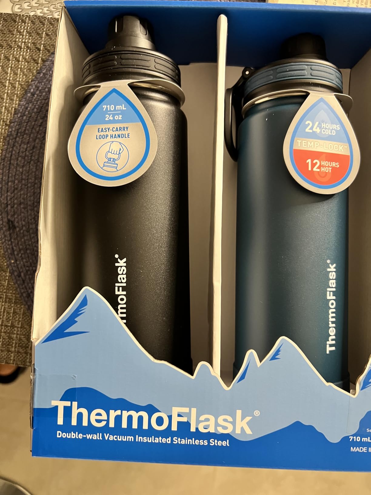 ThermoFlask Stainless Steel Water Bottles 2-Pack - Double-Wall Vacuum Insulated 24 oz BPA-Free Spout Lids - Keeps Drinks Cold 24 Hrs, Hot 12 Hrs - Leakproof, Dishwasher Safe, Mayan Blue/Black customer photo 1