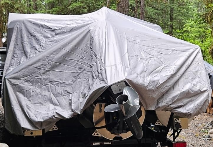 Solim Trailerable 1200D PU Heavy Duty Pontoon Boat Cover, 22-24ft Waterproof Marine Grade Oxford UV Resistant Polyester Canvas Cover, Boat Cover for Pontoon with Adjustable 18 Tie Down Straps, Gray customer photo 1
