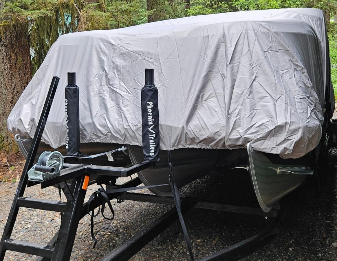 Solim Trailerable 1200D PU Heavy Duty Pontoon Boat Cover, 22-24ft Waterproof Marine Grade Oxford UV Resistant Polyester Canvas Cover, Boat Cover for Pontoon with Adjustable 18 Tie Down Straps, Gray customer photo 2