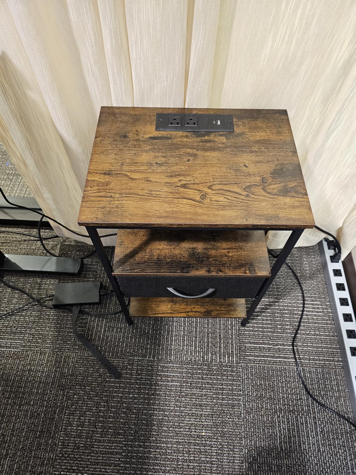 SUPERJARE Nightstand with Charging Station, 3-Tier Storage End Table, Rustic Brown and Black customer photo 1