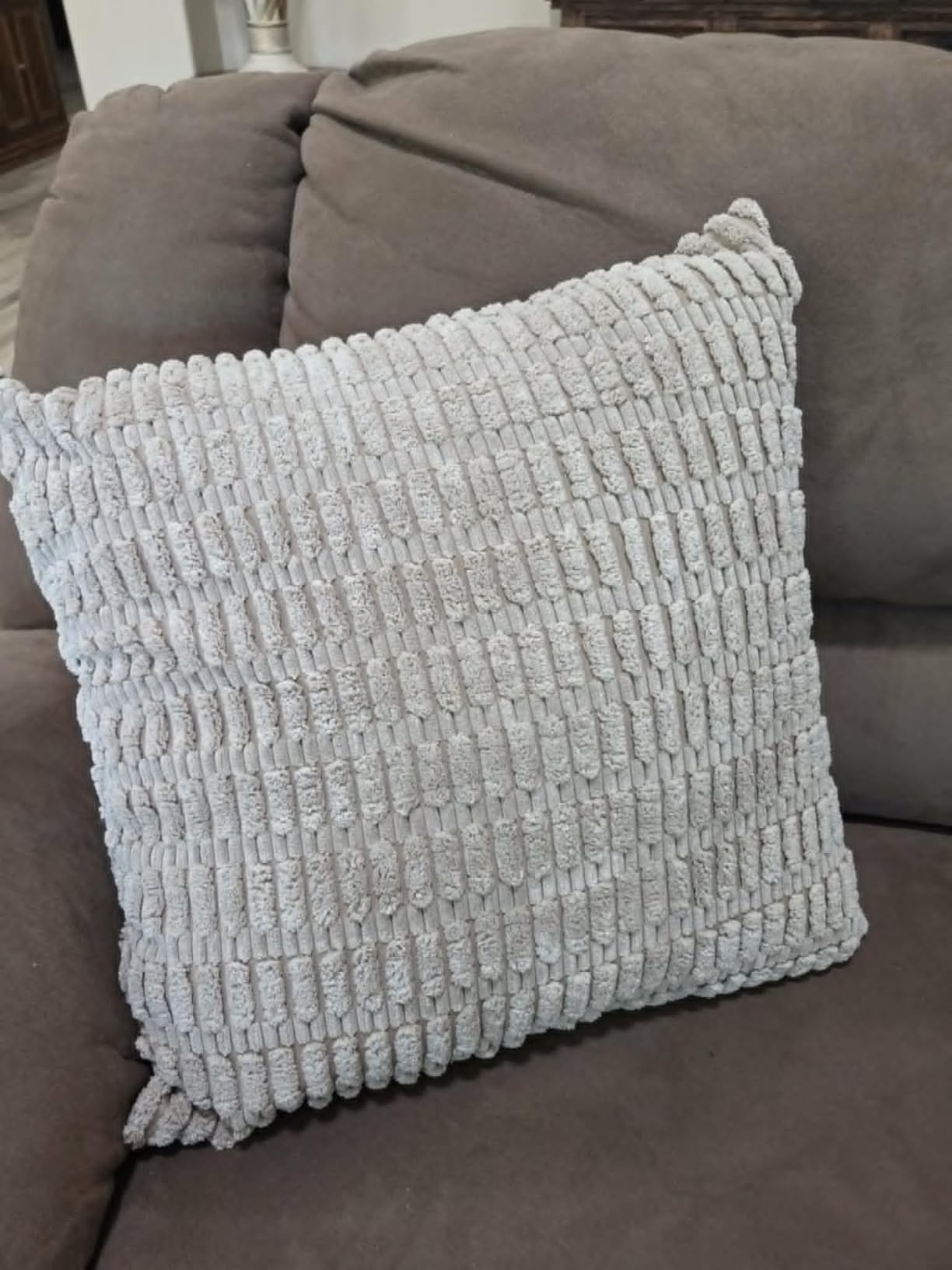 MIULEE Pack of 2 Corduroy Decorative Throw Pillow Covers 18x18 Inch Soft Boho Striped Pillow Covers Modern Farmhouse Home Decor for Sofa Living Room Couch Bed Cream White customer photo 1