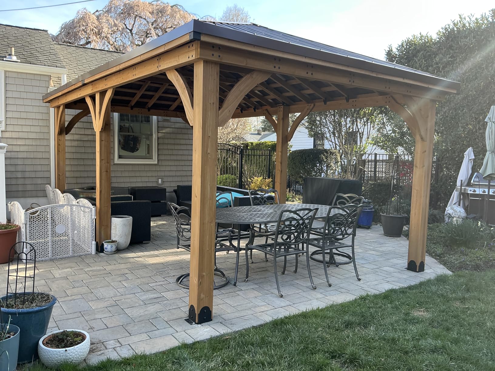 Backyard Discovery Barrington 12' x 10' Cedar Wood Outdoor Gazebo Pavilion with Hardtop Galvanized Steel Hip Roof, Snow Support, Wind Resistance, PowerPort customer photo 2