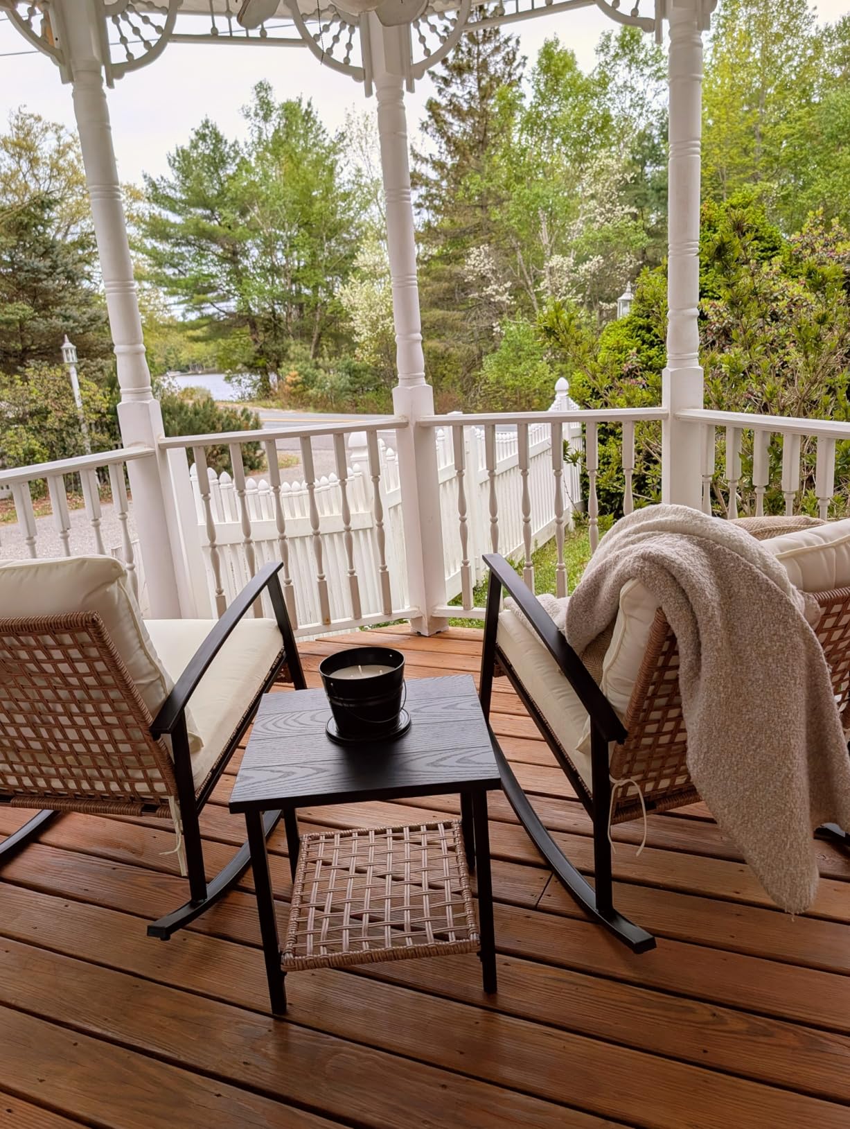 LAUSAINT HOME 3-Piece Rocking Bistro Set, Outdoor Patio Furniture with Thick Cushions and 2-Tier Coffee Table, Oversize Rattan Conversation Set for Garden, Balcony, Backyard (Beige) customer photo 2
