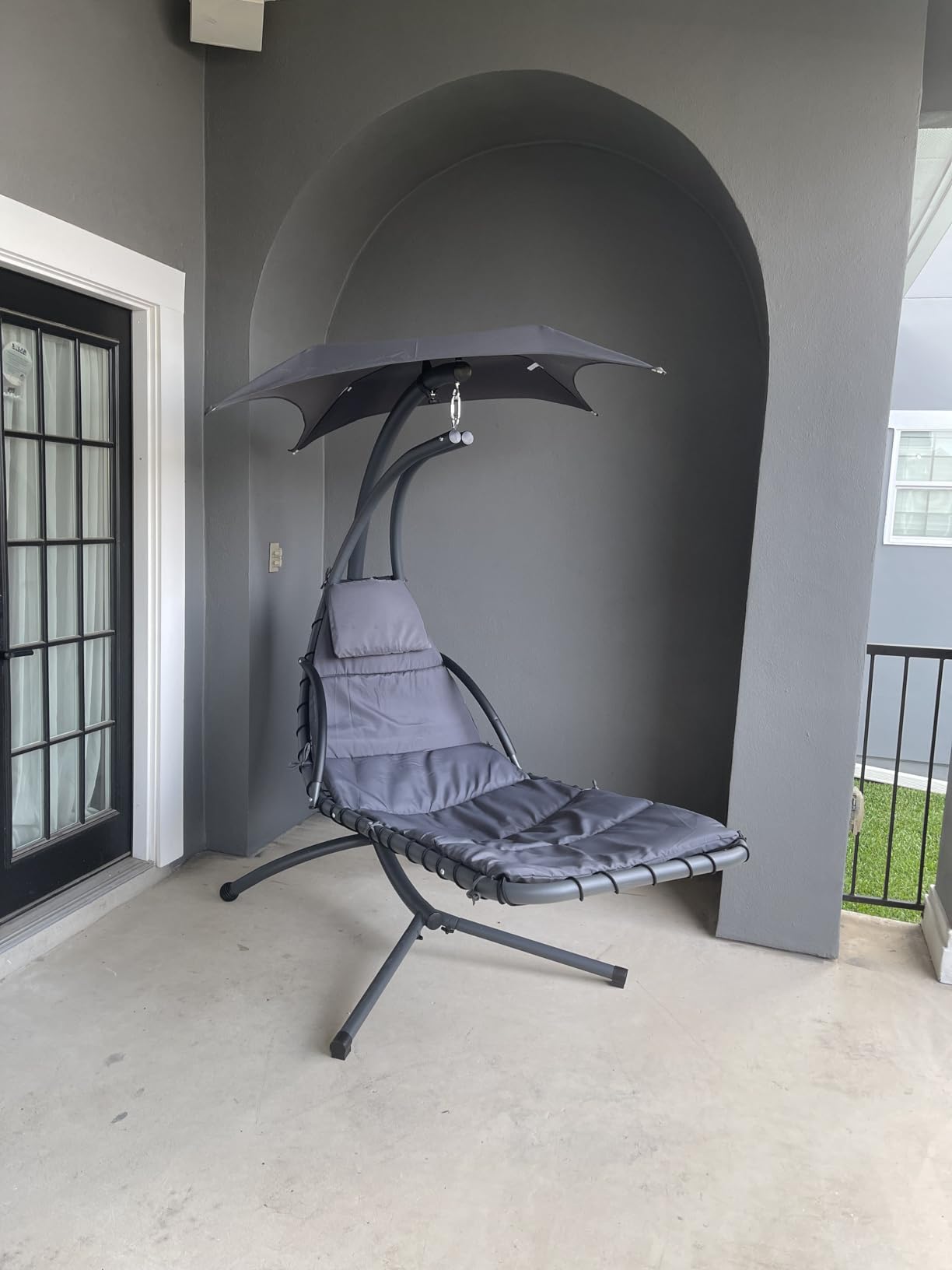 Best Choice Products Outdoor Hanging Curved Steel Chaise Lounge Chair Swing w/Built-in Pillow and Removable Canopy - White Sand customer photo 2