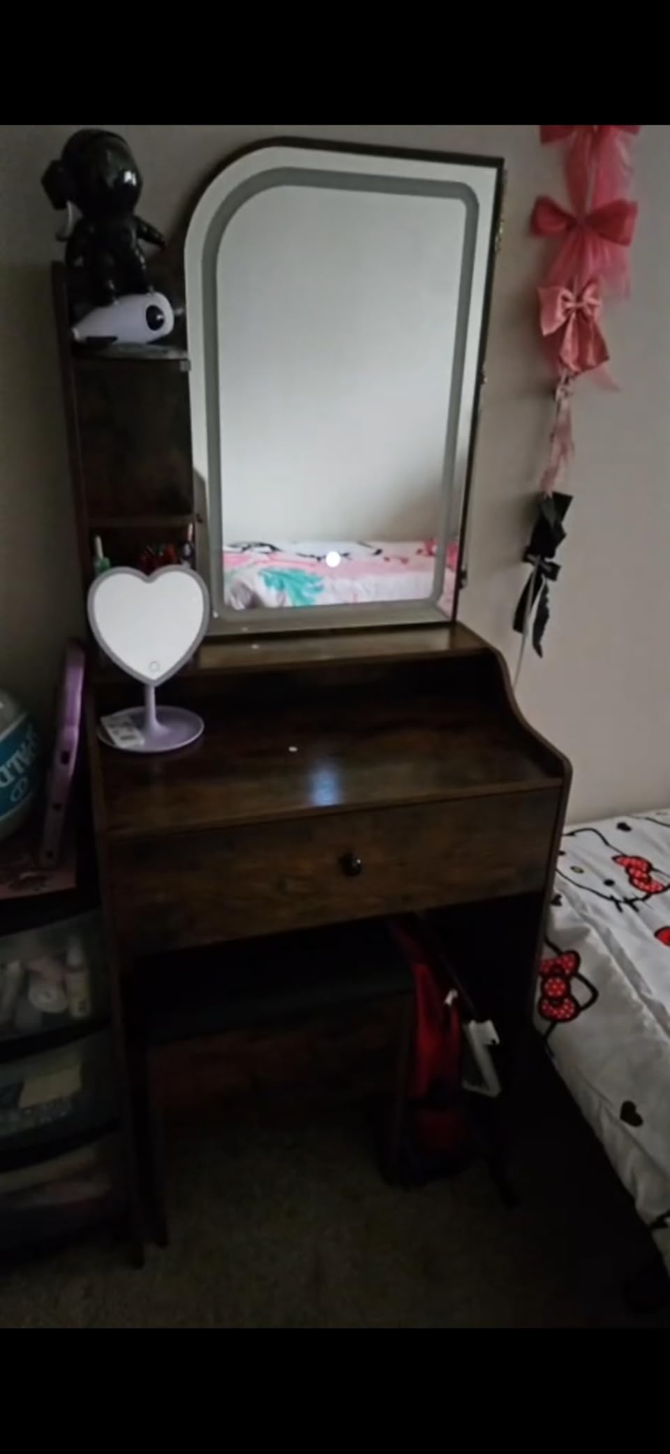 LIKIMIO Small Makeup Vanity Desk with Mirror and Lights, Vanity Table Set with Storage Drawer, Chair and Three Shelves, Bedroom, White customer photo 1