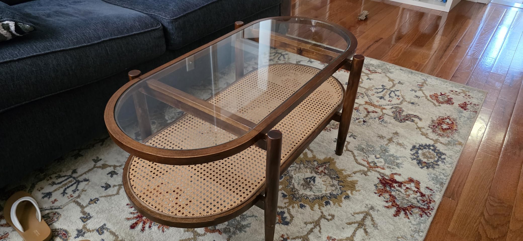 Giantex Rattan Coffee Table, 2-Tier Oval Acacia Wood Tea Table w/Tempered Glass Tabletop & PE Rattan Storage Shelf, Boho Cocktail Tables, Mid Century Modern Center Table for Living Room Office, Brown customer photo 1