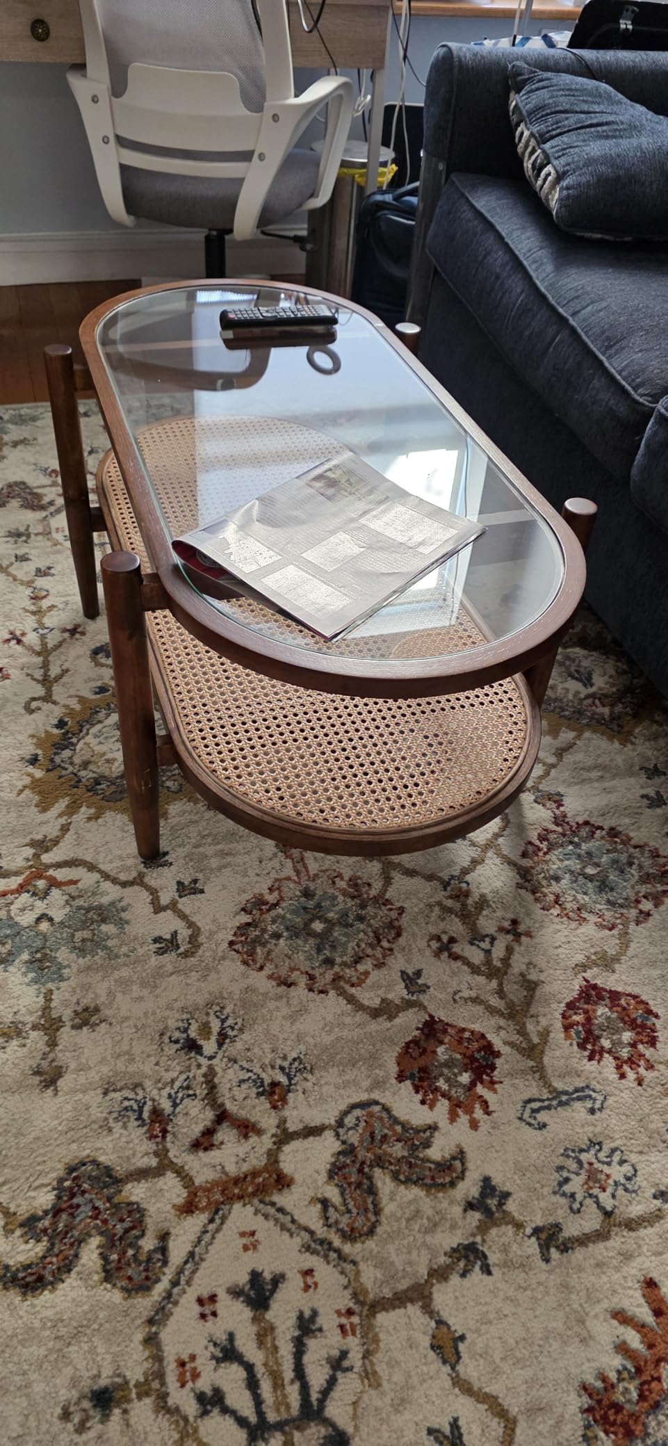 Giantex Rattan Coffee Table, 2-Tier Oval Acacia Wood Tea Table w/Tempered Glass Tabletop & PE Rattan Storage Shelf, Boho Cocktail Tables, Mid Century Modern Center Table for Living Room Office, Brown customer photo 2