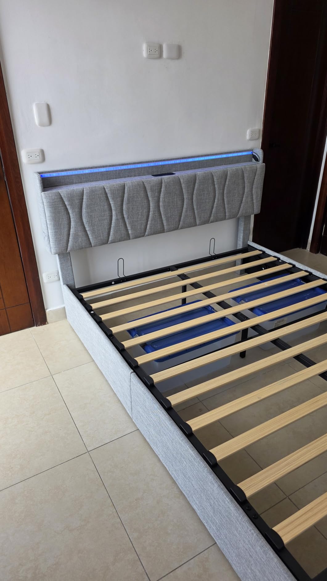 Fameill Queen Size Lift Up Storage Bed Frame with Adjustable Headboard, Charging Station, LED Lights, Wood Slats, Noise-Free, No Box Spring Needed, Beige customer photo 2