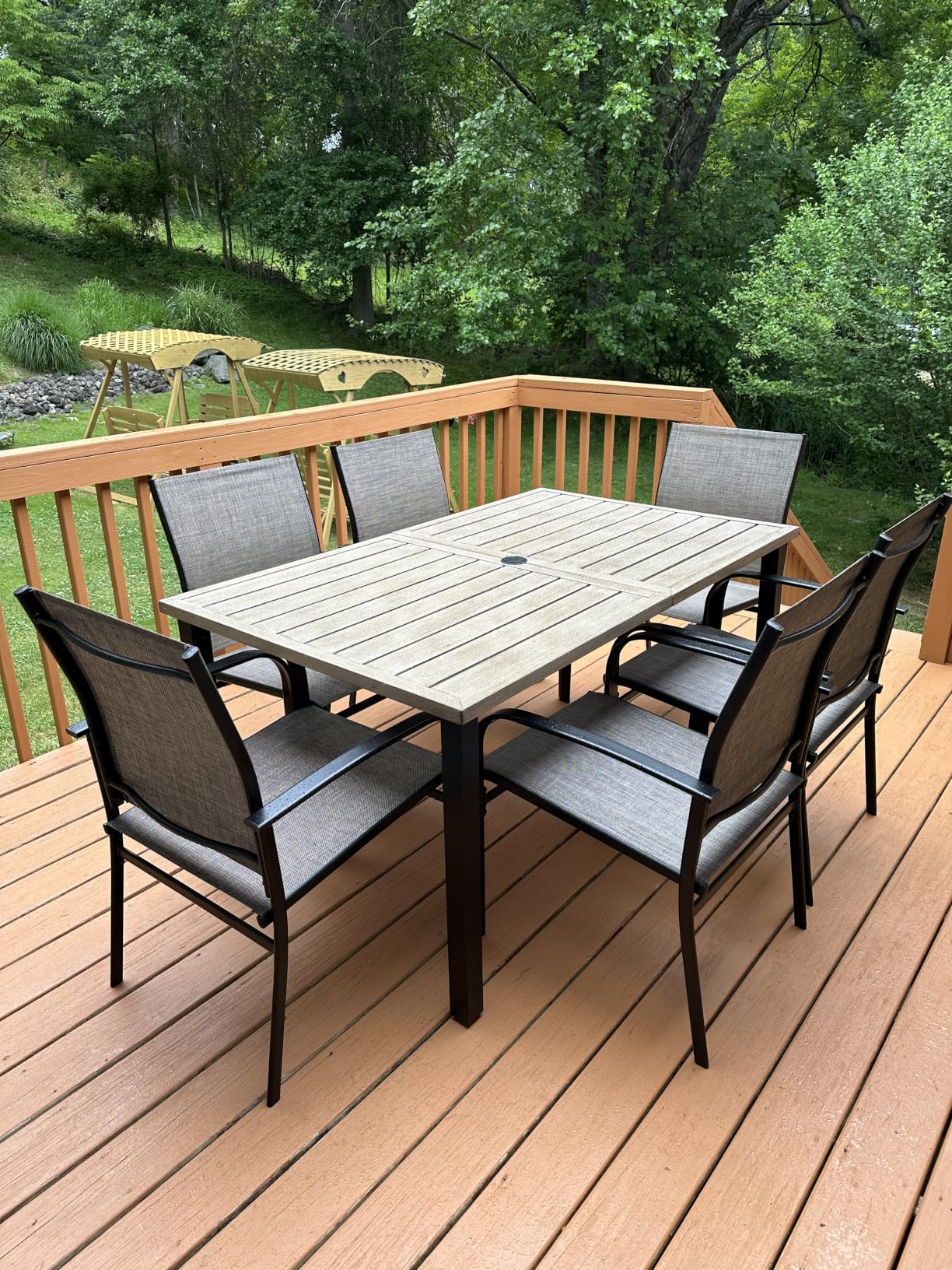 HERA'S HOUSE 9 Pieces Patio Dining Set, 8 x Brown Textilene Patio Chairs and 1 x 83 Large Rectangle Dining Table, Outdoor Furniture Set for Deck Garden Backyard Lawn Poolside customer photo 2