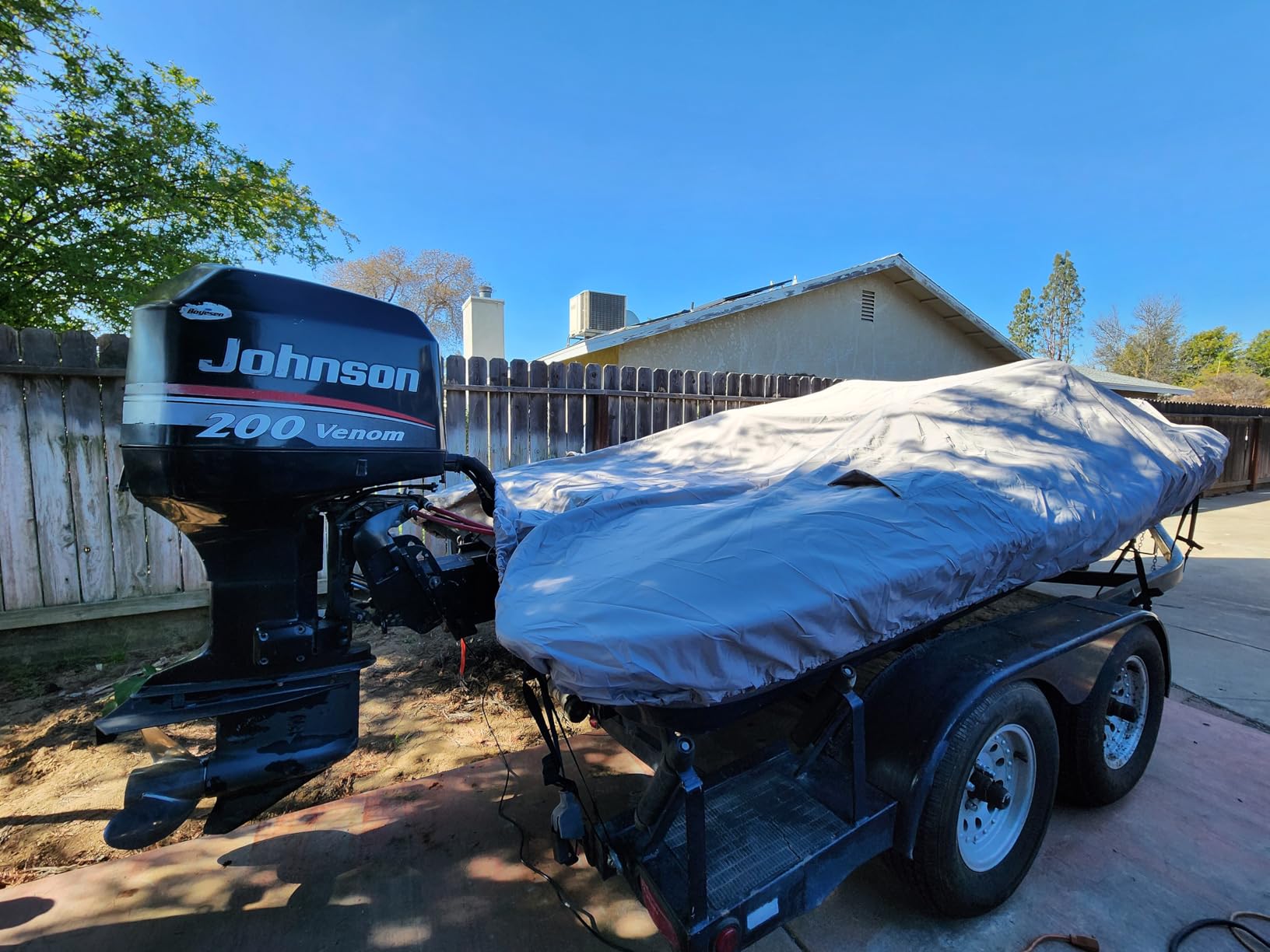 Solim Waterproof 1200D PU Boat Cover with Motor Cover, Heavy Duty Marine Grade Trailerable Polyester Canvas, Fits 20-22ft V-Hull, Runabout, Fishing, Ski Boat with Straps, Black customer photo 2