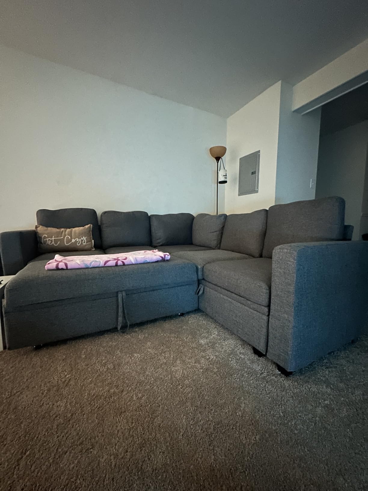 HONBAY Sectional Sleeper Sofa with Pull Out Bed, L Shaped Couch with Storage Seat, Modular Sectional Couches for Living Room, Dark Grey customer photo 2