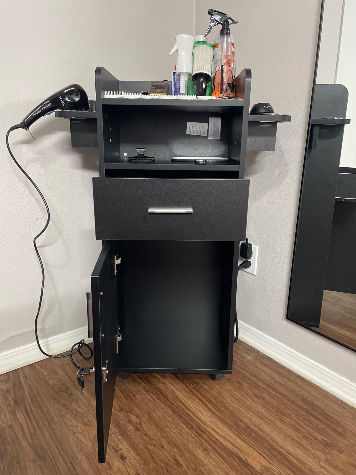 Winado Beauty Salon Trolley Cart, Salon Cabinet with 360° Wheels, 6 Tool Holders, 1 Drawer, Salon Station Rolling Cart for Hair Stylist Beauty Spa Barbershop, Black customer photo 2