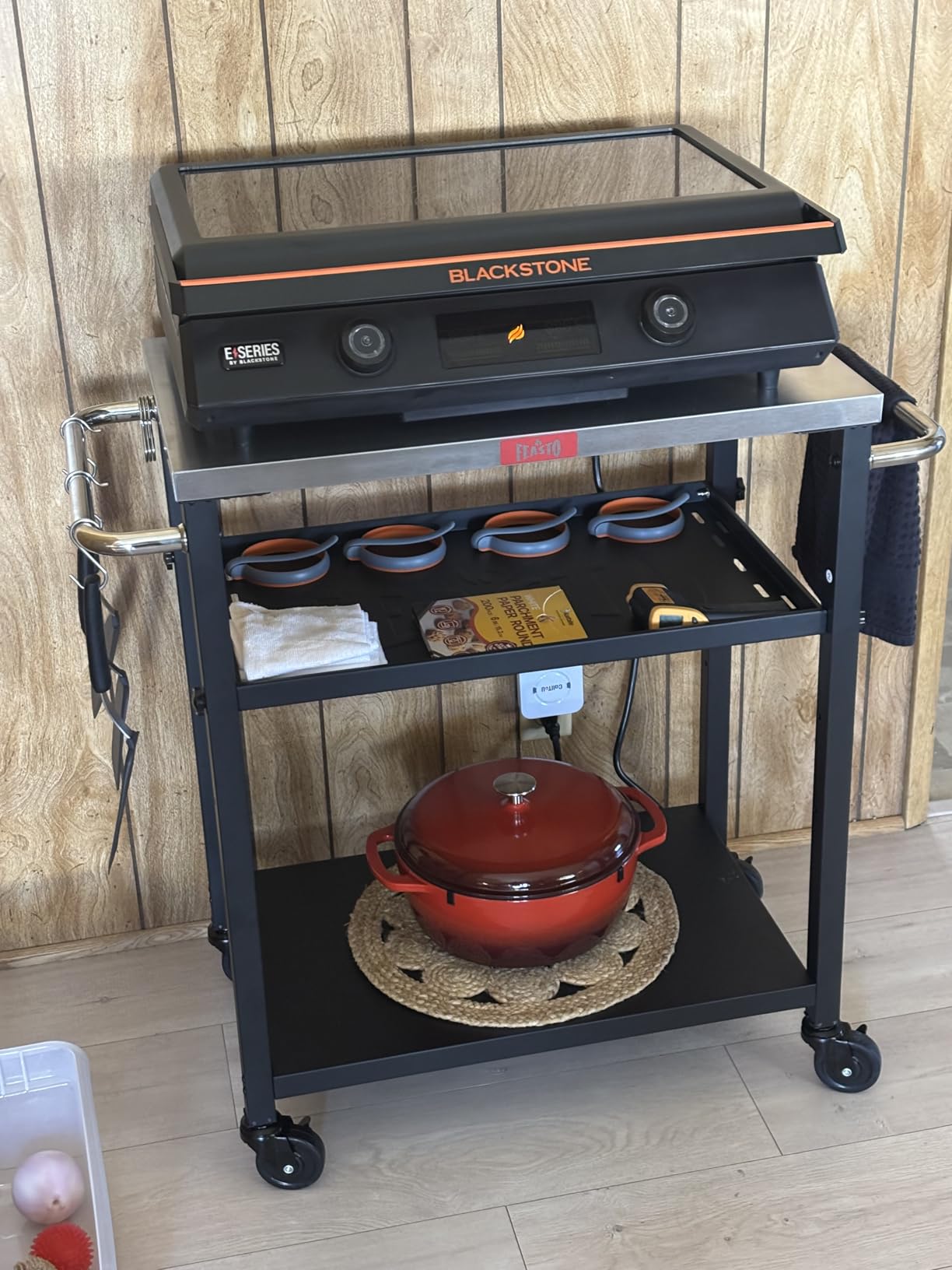 Feasto Outdoor Kitchen Island with Cabinet, Outdoor Grill Table with Stainless Steel Top for Pizza Oven & Griddles, Movable Bar Cart with Pull-Out Plate, Heavy-Duty, L74