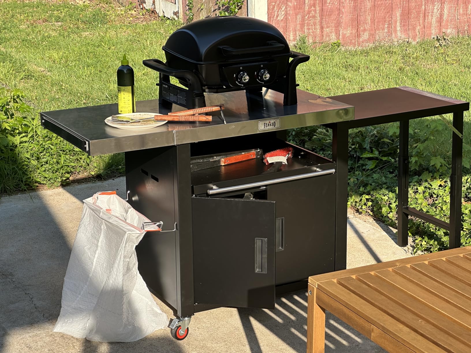Feasto Outdoor Kitchen Island with Cabinet, Outdoor Grill Table with Stainless Steel Top for Pizza Oven & Griddles, Movable Bar Cart with Pull-Out Plate, Heavy-Duty, L74