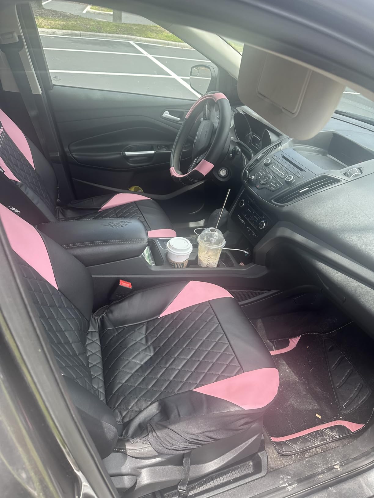 CAR PASS Air Mesh Leather Car Seat Covers Full Set, Waterproof Car Floor Mats, Sporty Steering Wheel Cover 14.5-15in, Universal Fits for 95% Cars Truck SUV (Black and Blue) customer photo 2