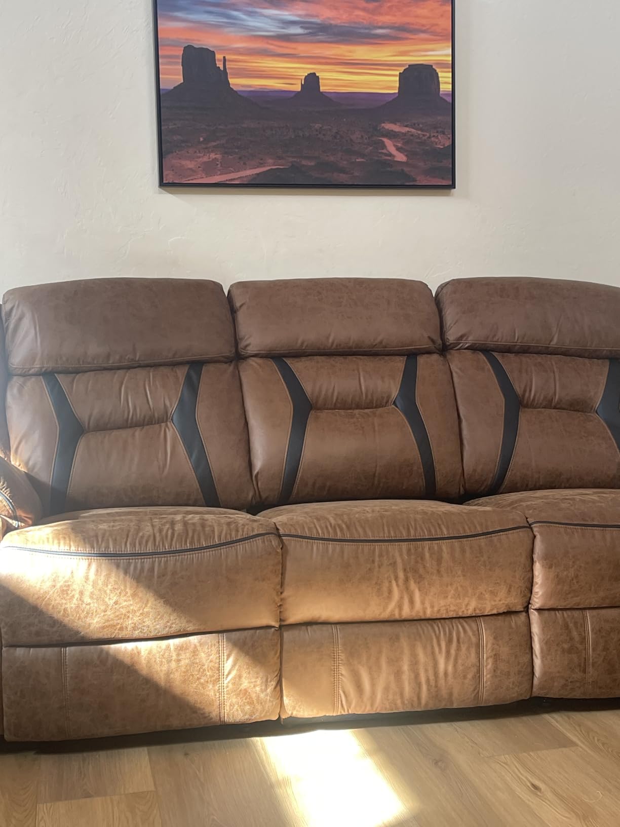EBELLO Faux Leather Manual Reclining Sofa, 3 Seat Recliner Sofa Chair, Couch Furniture for Living Room, Furniture, Meeting Room, Brown (3 Seat Sofa) customer photo 1