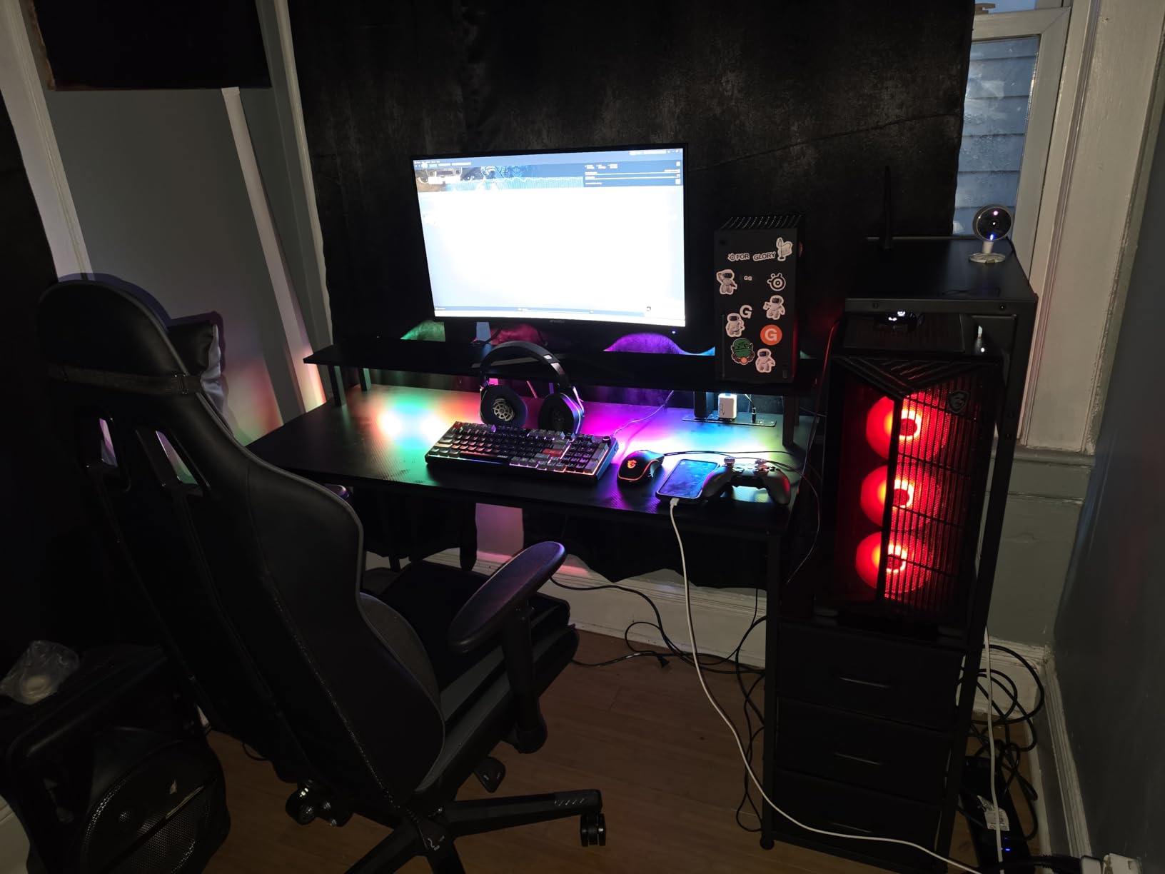 AODK 59 Inch Gaming Desk with LED Light - Reversible Computer Desk with Storage Shelves & Monitor Stand, Modern Gamer Desk Table with Fabric Drawers, Black customer photo 1