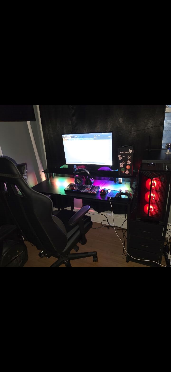 AODK 59 Inch Gaming Desk with LED Light - Reversible Computer Desk with Storage Shelves & Monitor Stand, Modern Gamer Desk Table with Fabric Drawers, Black customer photo 2