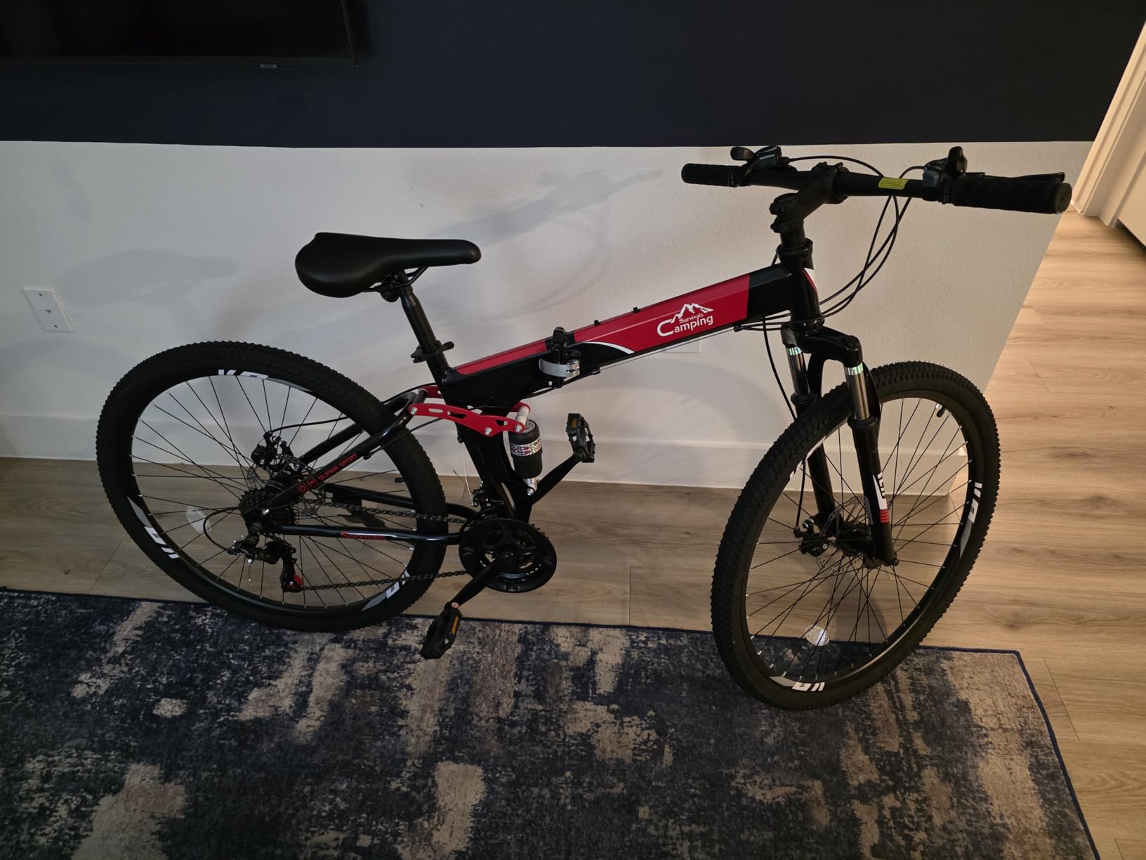 CamPingSurvivals 24/26/27.5 Inch Foldable Bikes for Adults 21 Speed Mountain Bike, Adult Bicycle with High Carbon Steel Frame, Full Suspension, Dual Disc Brake & Adjustable Ergonomic Seat(Black/Red) customer photo 2