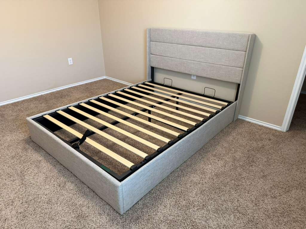 Allewie Queen Size Velvet Lift Up Storage Bed, Modern Wingback Headboard, Hydraulic Support, No Box Spring Needed, White customer photo 2