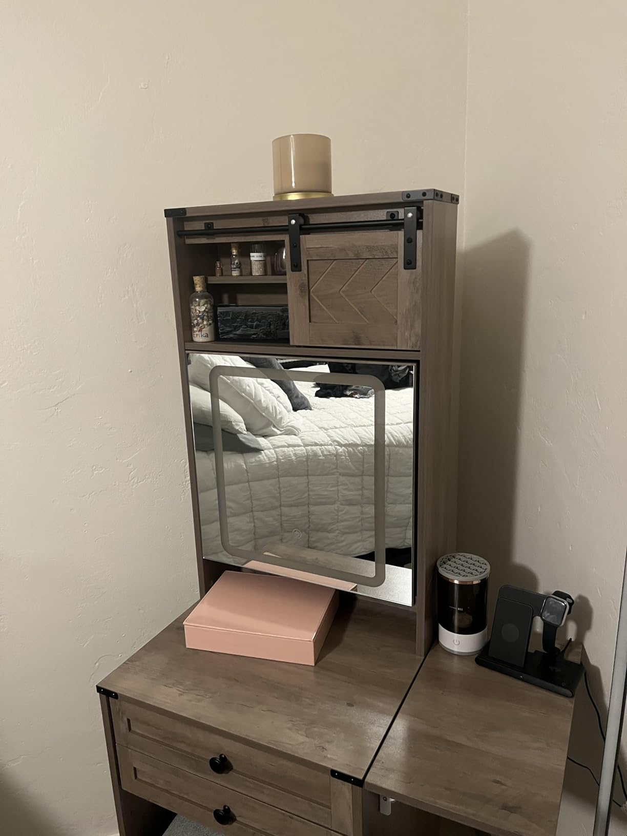 ARTETHYS Farmhouse Small Vanity Desk Set with Mirror Cabinet Compact Makeup Vanities Set with 3 Adjustable Lights and Storage Chair for Compact Space, Gray Dressing Table with Fold-up Panel customer photo 1