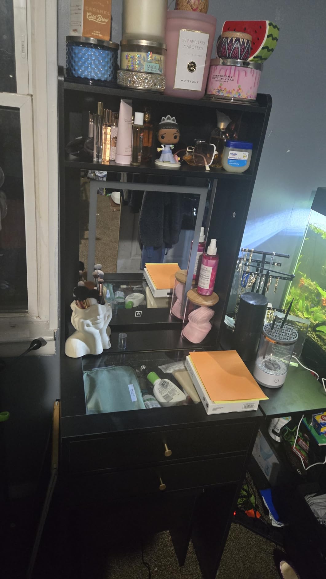 ARTETHYS Farmhouse Small Vanity Desk Set with Mirror Cabinet Compact Makeup Vanities Set with 3 Adjustable Lights and Storage Chair for Compact Space, Gray Dressing Table with Fold-up Panel customer photo 2