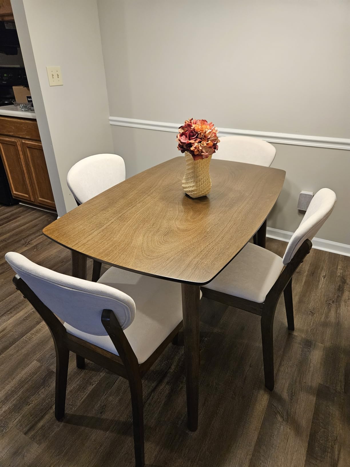 Best Choice Products 4-Piece Mid-Century Modern Wood Dining Kitchen Table & Chair Set w/ 2 Upholstered Chairs, Bench Seat - Walnut/Cream customer photo 2