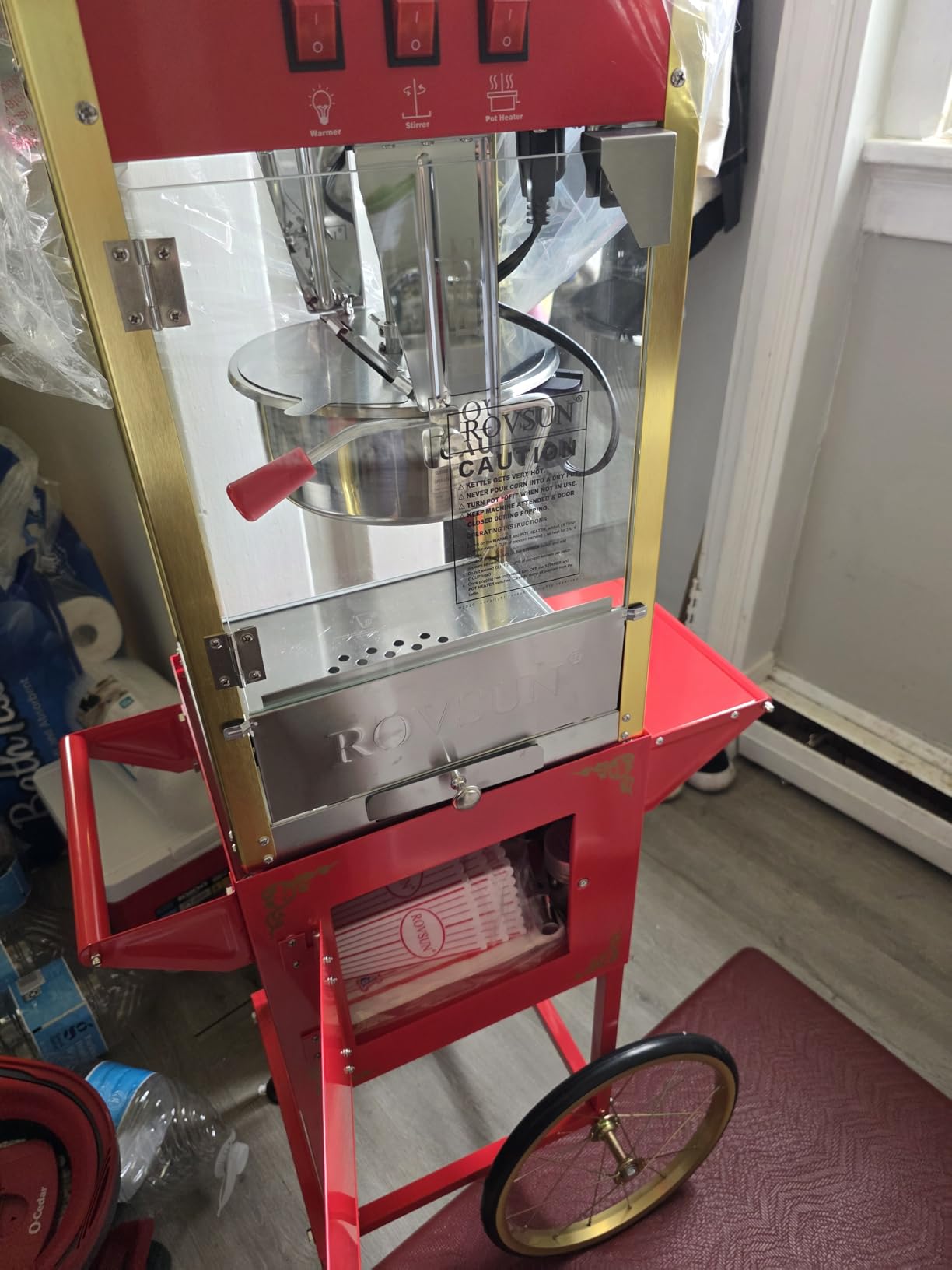 ROVSUN Popcorn Machine Cart with Candy Dispenser, 8 Oz Kettle Makes Up to 32 Cups ETL, Popcorn Maker w/Scoop, Oil Spoon, Bags & Cups, Movie Theater Style Popper for Commercial Home Party, Red customer photo 1