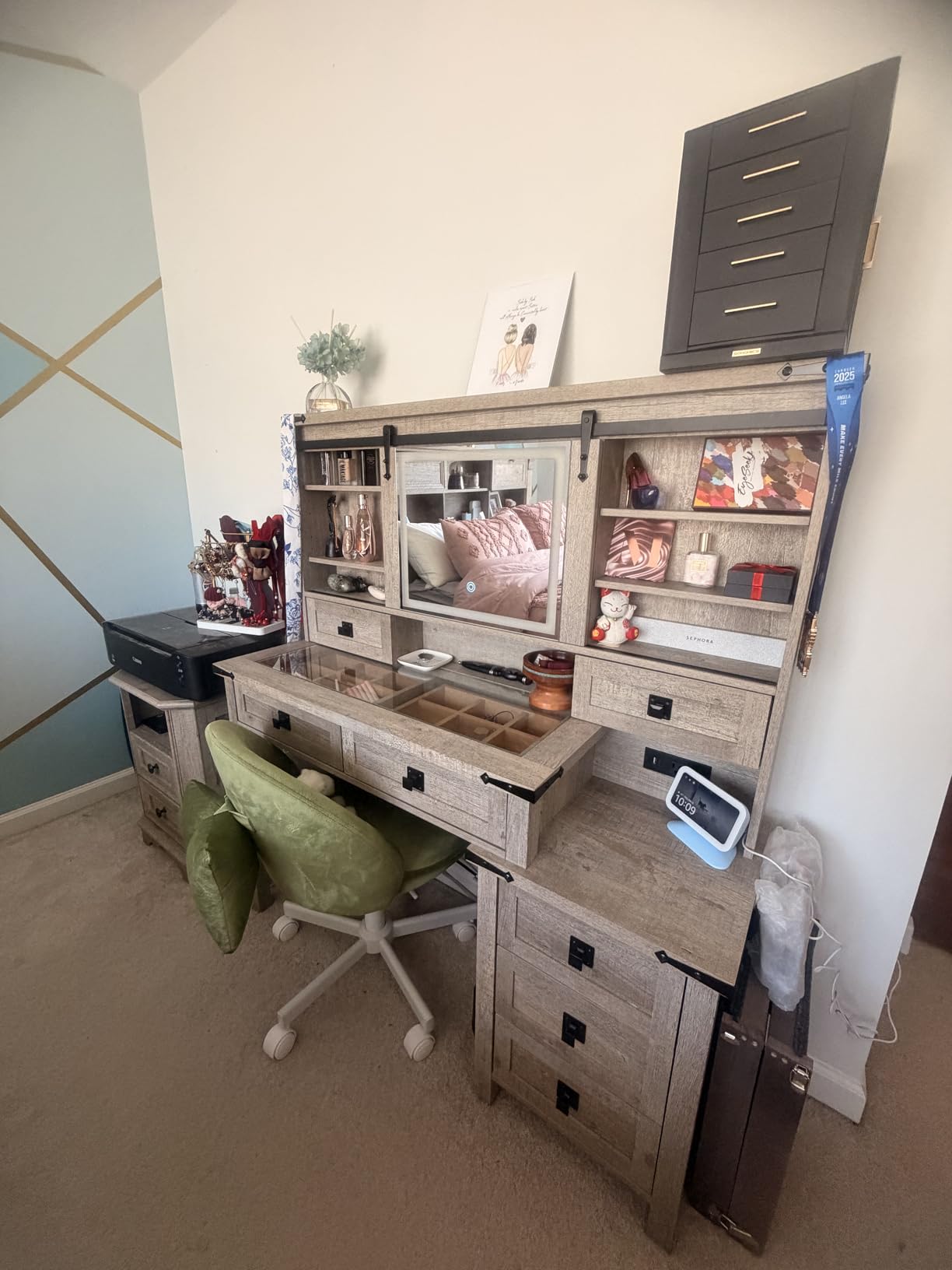 T4TREAM 48'' Farmhouse Makeup Vanity Desk with Sliding HD Mirror and Lights, Big Modern Lighted Vanity Table with 7 Drawers & Shelves, Rustic Large Dressing Table, Antique White customer photo 1