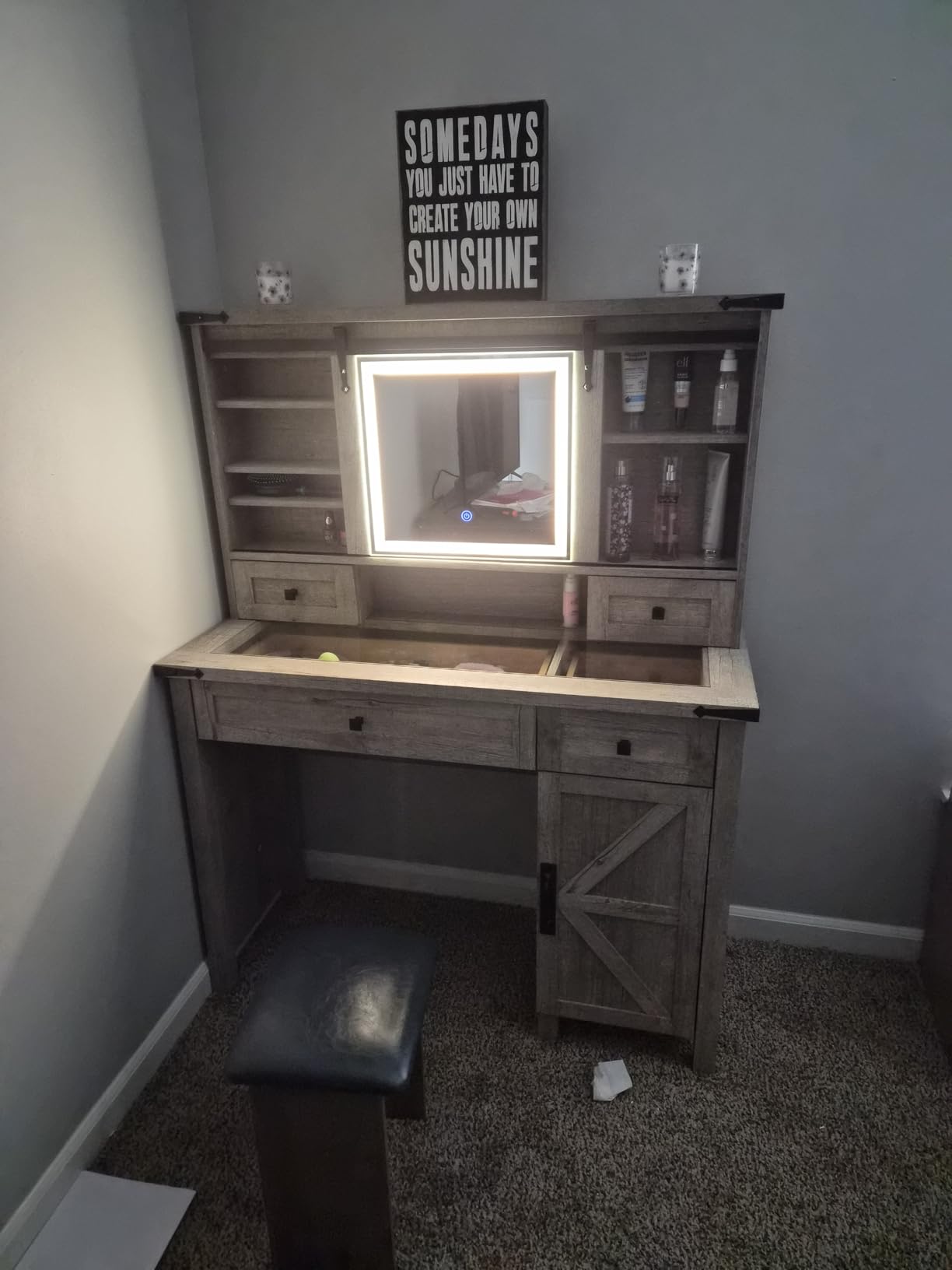 T4TREAM 48'' Farmhouse Makeup Vanity Desk with Sliding HD Mirror and Lights, Big Modern Lighted Vanity Table with 7 Drawers & Shelves, Rustic Large Dressing Table, Antique White customer photo 2
