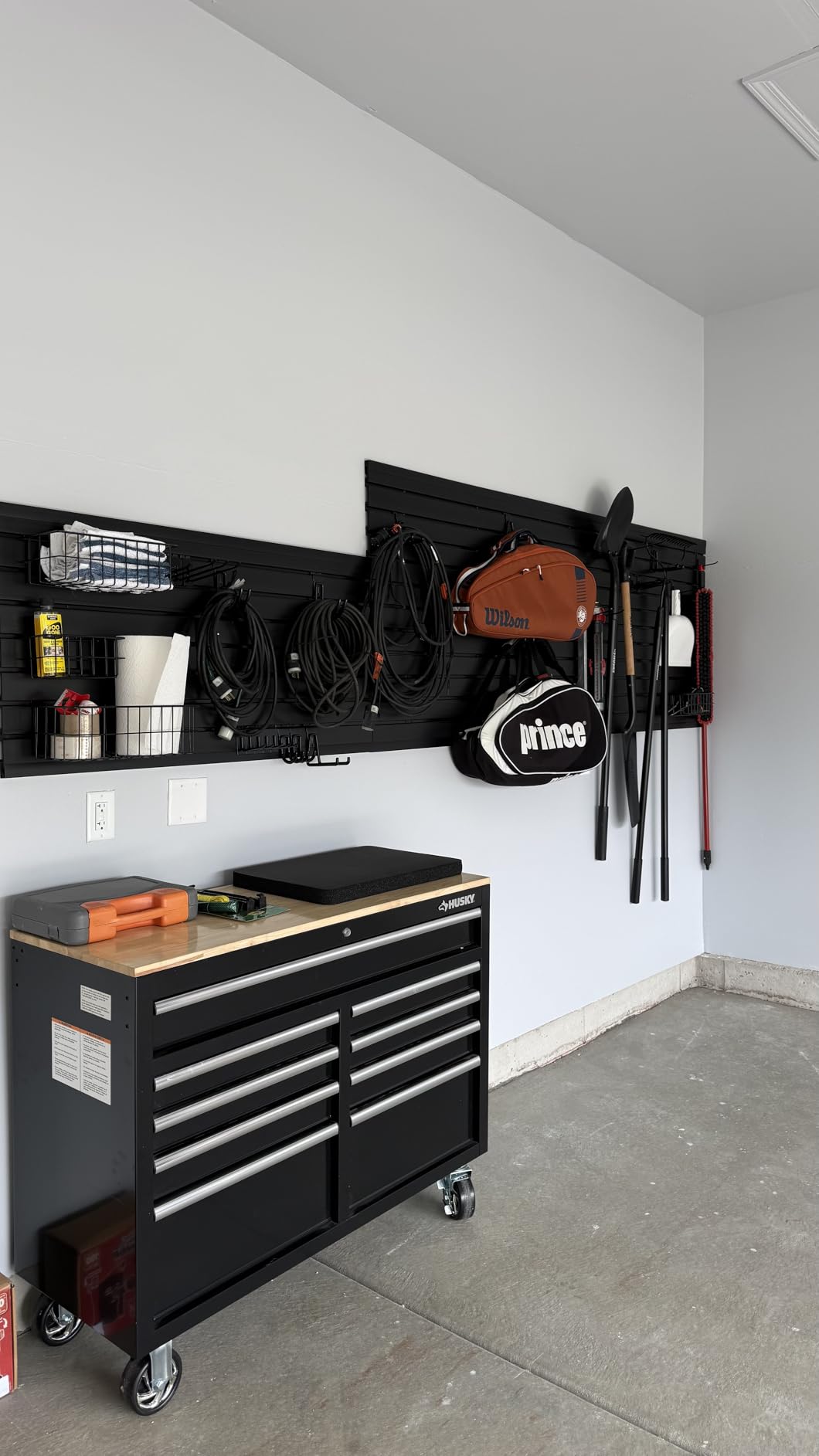 FRAYSCENT Slat Wall Paneling Garage Slat Wall Storage Systems Slatwall Panels Power Tool Organizer Wall Mount, PVC Garage Storage & Organization Products Slate Board, Black, 4ft x 8ft with 15 Hooks customer photo 1