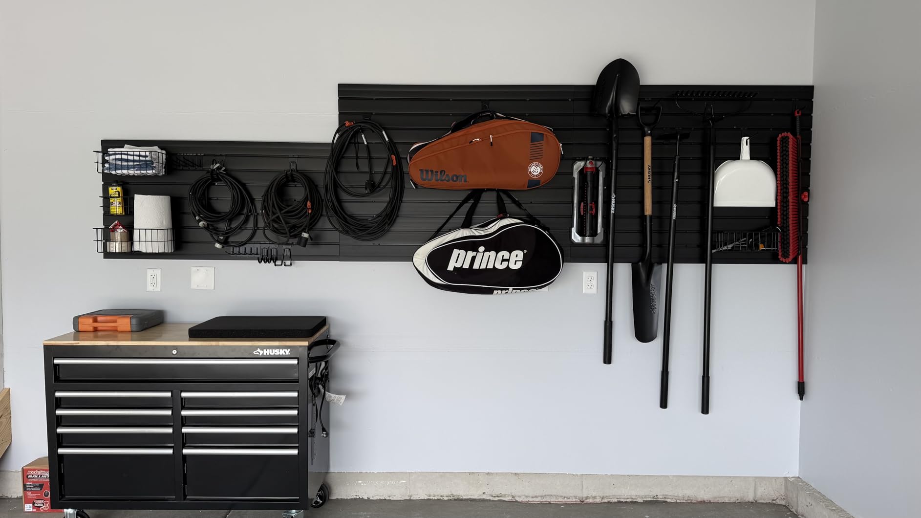 FRAYSCENT Slat Wall Paneling Garage Slat Wall Storage Systems Slatwall Panels Power Tool Organizer Wall Mount, PVC Garage Storage & Organization Products Slate Board, Black, 4ft x 8ft with 15 Hooks customer photo 2