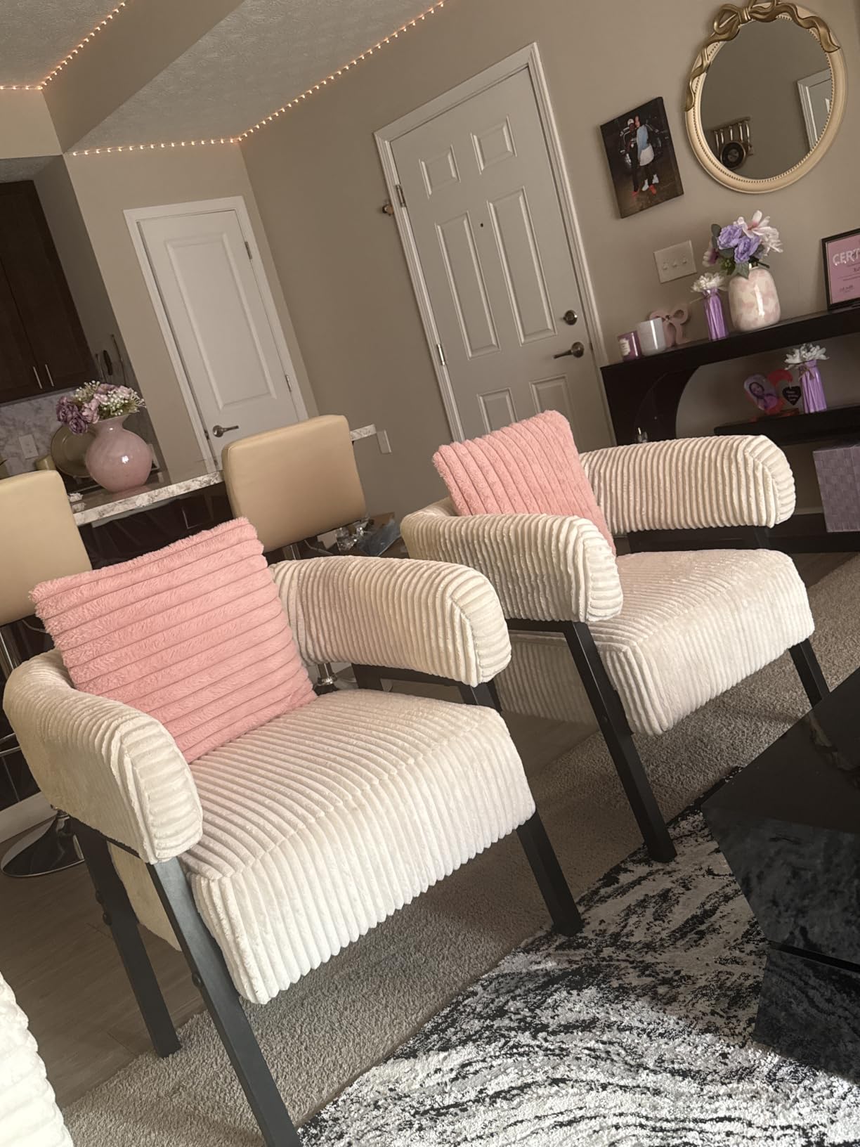 Yaheetech Accent Chair Set of 2 with Pocket Coiled Seat, Corduroy Living Room Barrel Chair Comfy Modern Sofa Armchair for Small Space Bedroom Reading, Beige customer photo 1